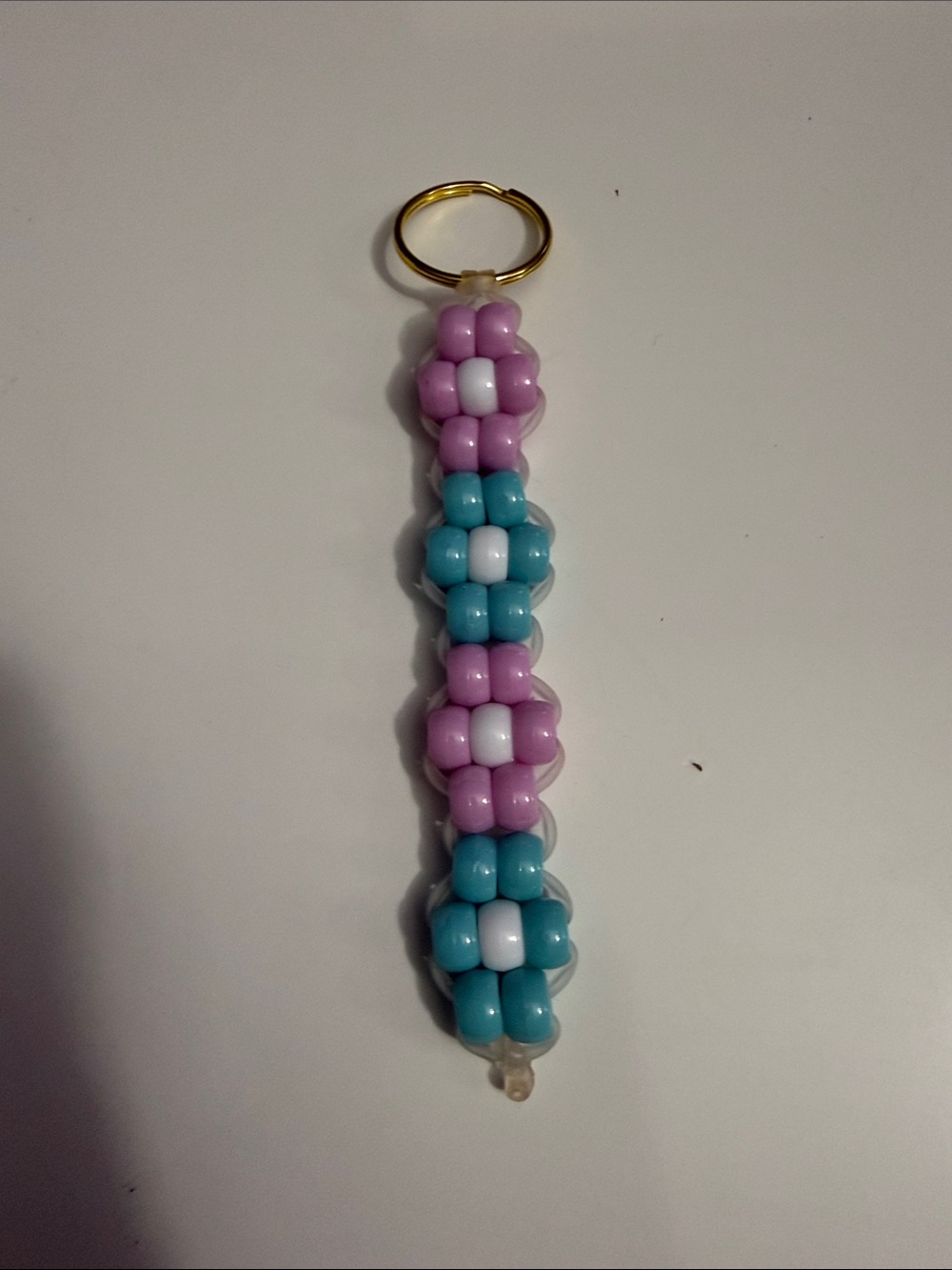 Beaded Keychain Key Ring in Pink, Blue & White